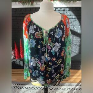 Johnny Was Jade Hortensia Mixed‎ Floral Print Peasant Blouse M Beaded Tassel